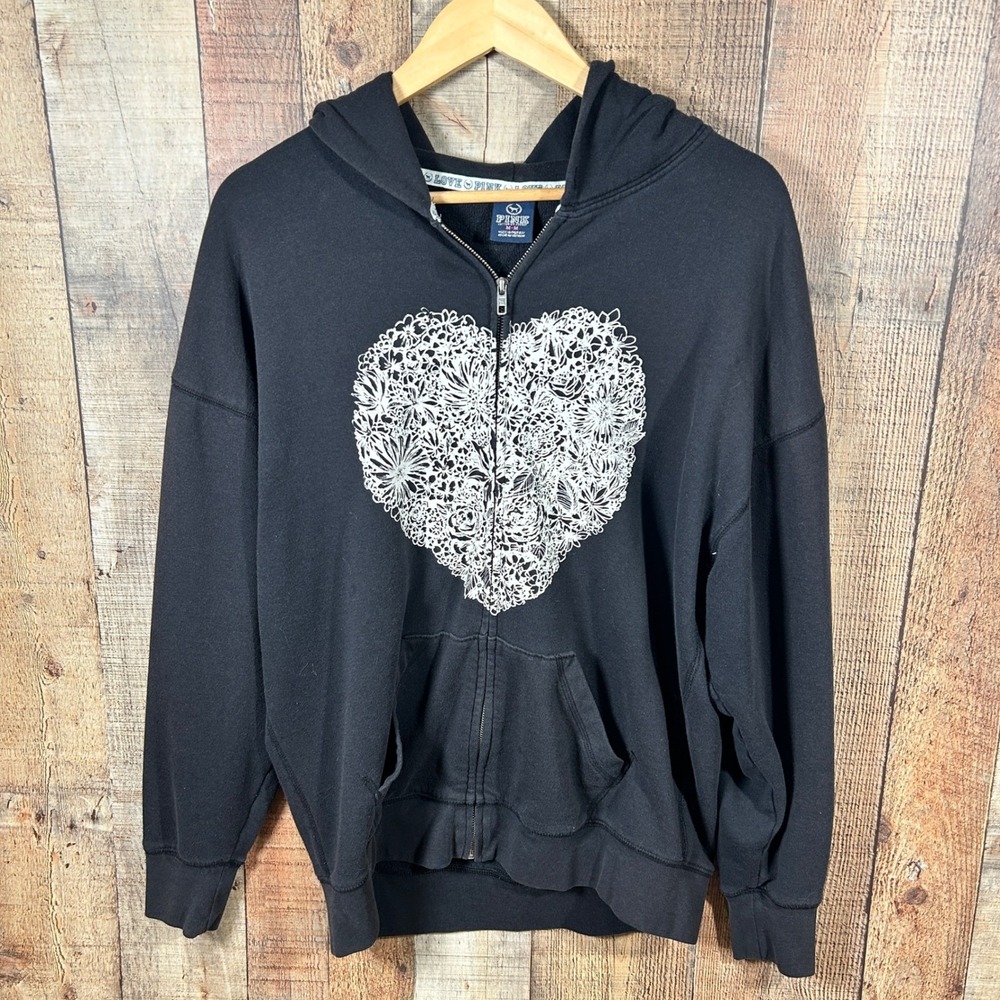 Victoria's Secret PINK Black Floral Heart Rhinestone Full Zip Hoodie Medium Y2K